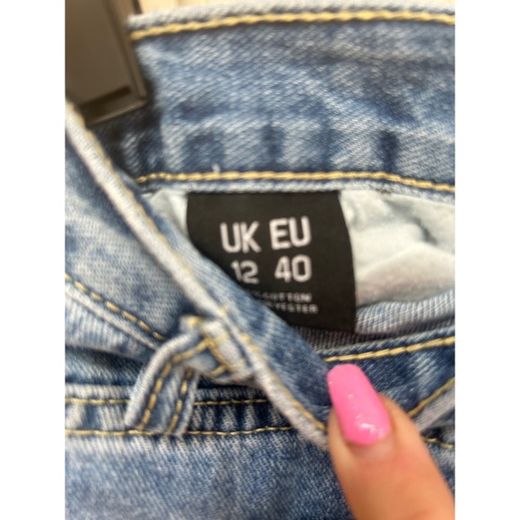 MOMOKROM PrettyLittleThing Distressed Denim Shorts Blue Cut Out Ripped Size 12 - Picture 4 of 4